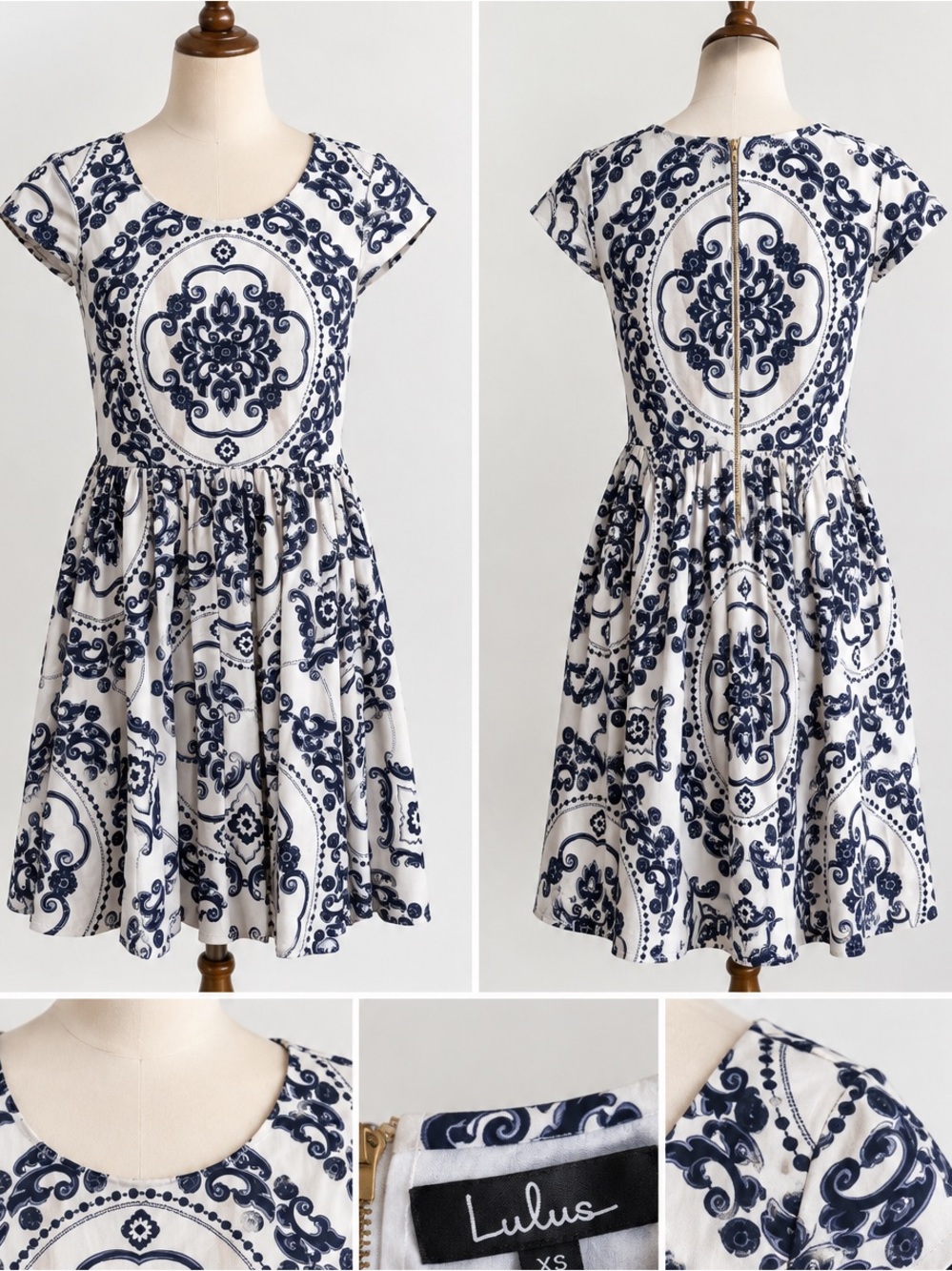 Lulus Royal Luxe Medallion Print Fit & Flare Dress White Navy XS